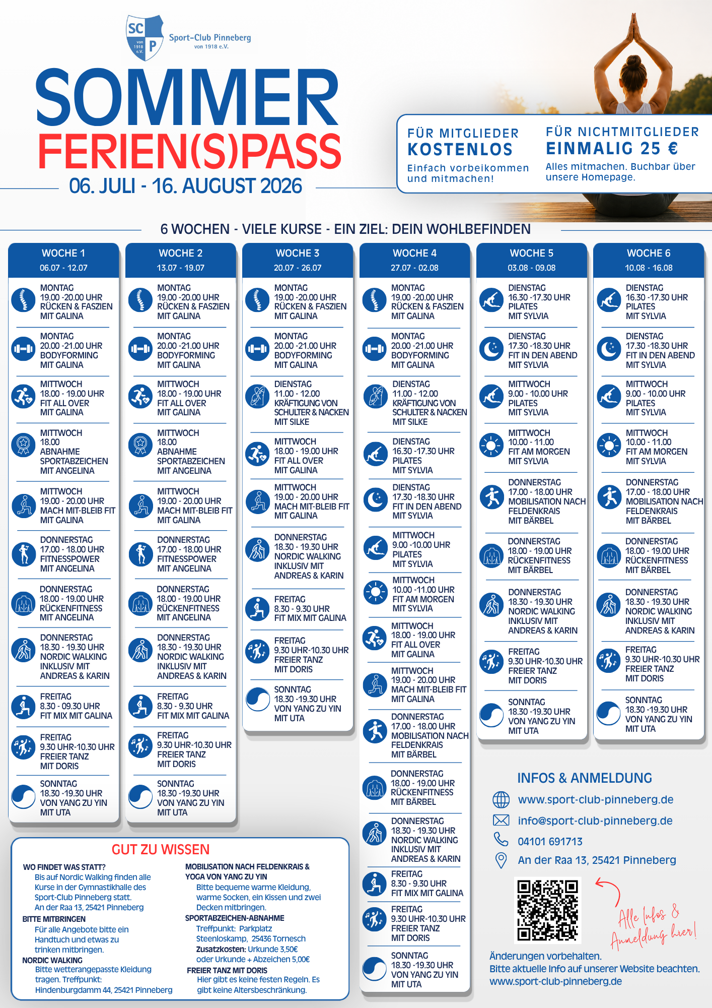 Sommerferien(S)pass 2026 des Sport-Club Pinneberg mit sechs Wochen Gesundheits- und Bewegungsangeboten wie Yoga, Pilates, Rückenfitness und Nordic Walking.